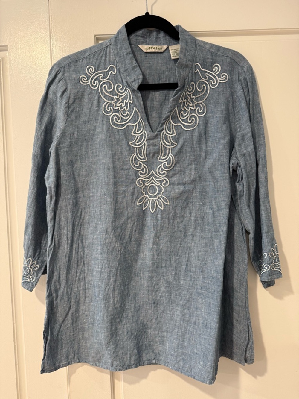 Orvis Light Blue Linen Tunic/Shirt with embroidered detail
